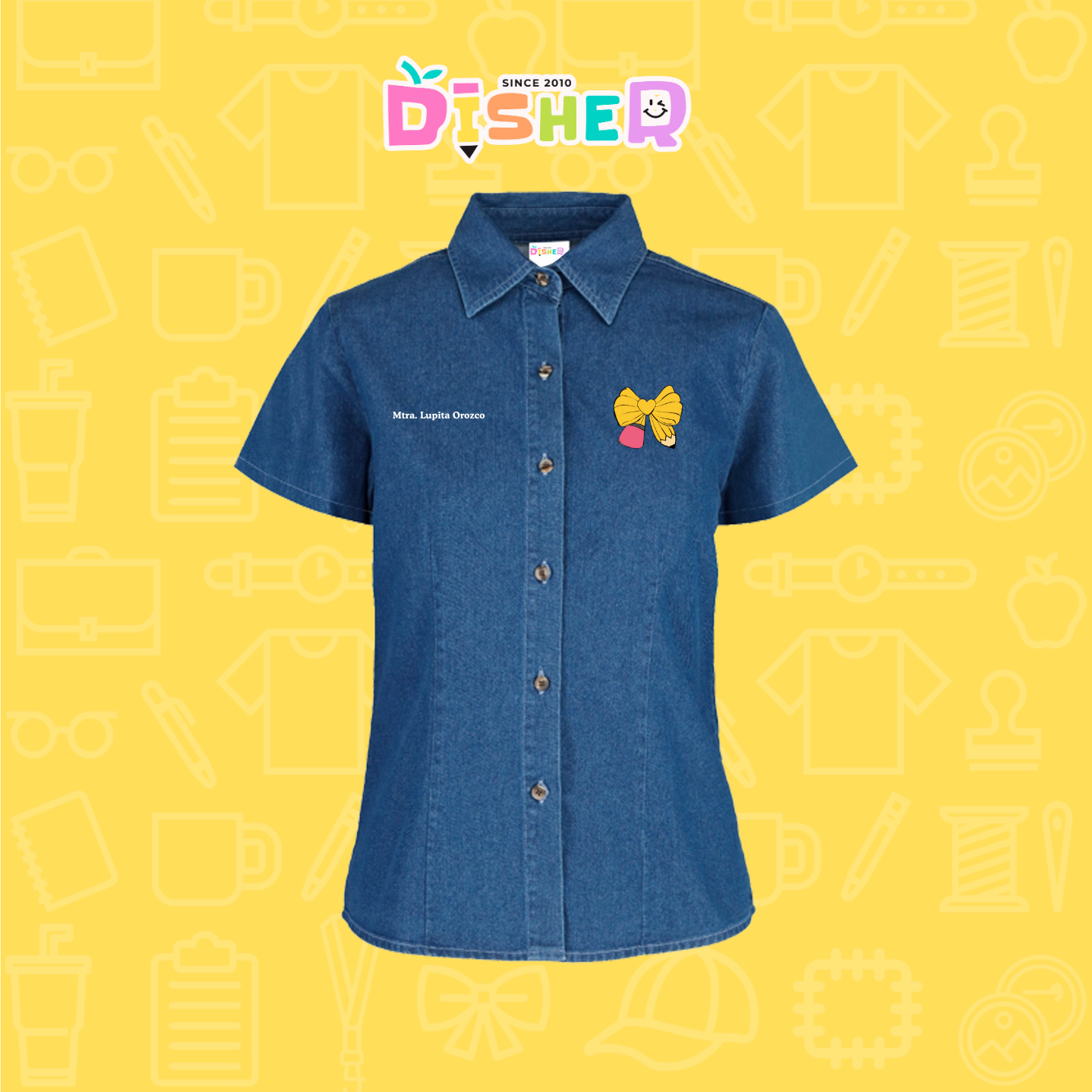 CBMC-D-011 : Camisa Bordada Mezclilla Manga Corta Dama I Moño lápiz amarillo