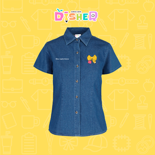 CBMC-D-011 : Camisa Bordada Mezclilla Manga Corta Dama I Moño lápiz amarillo