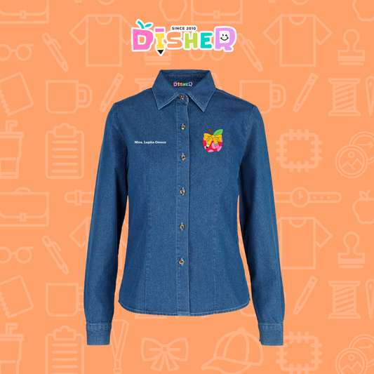 CBML-D-012: Camisa Bordada Mezclilla Manga Larga Dama I Manzana moños