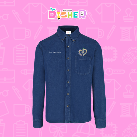 CBML-C-013: Camisa Bordada Mezclilla Manga Larga Caballero I Corazón lápiz tonos pastel