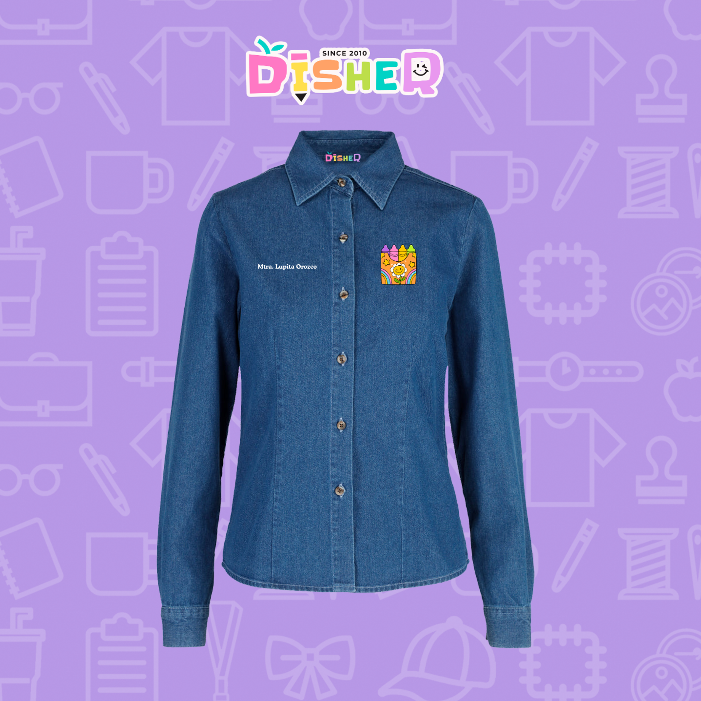 CBML-D-015: Camisa Bordada Mezclilla Manga Larga Dama I Crayones flor