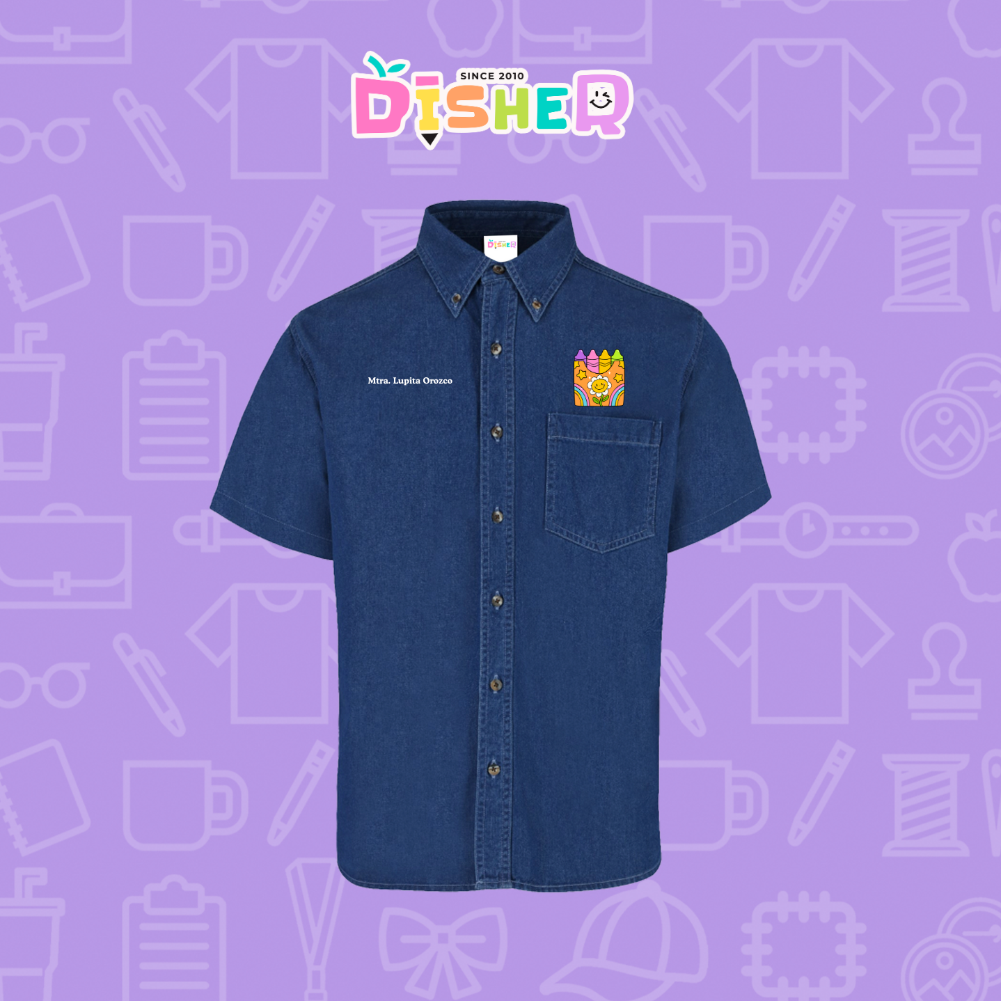 CBMC-C-015: Camisa Bordada Mezclilla Manga Corta Caballero I Crayones flor