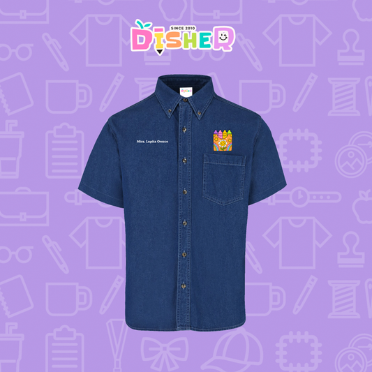 CBMC-C-015: Camisa Bordada Mezclilla Manga Corta Caballero I Crayones flor