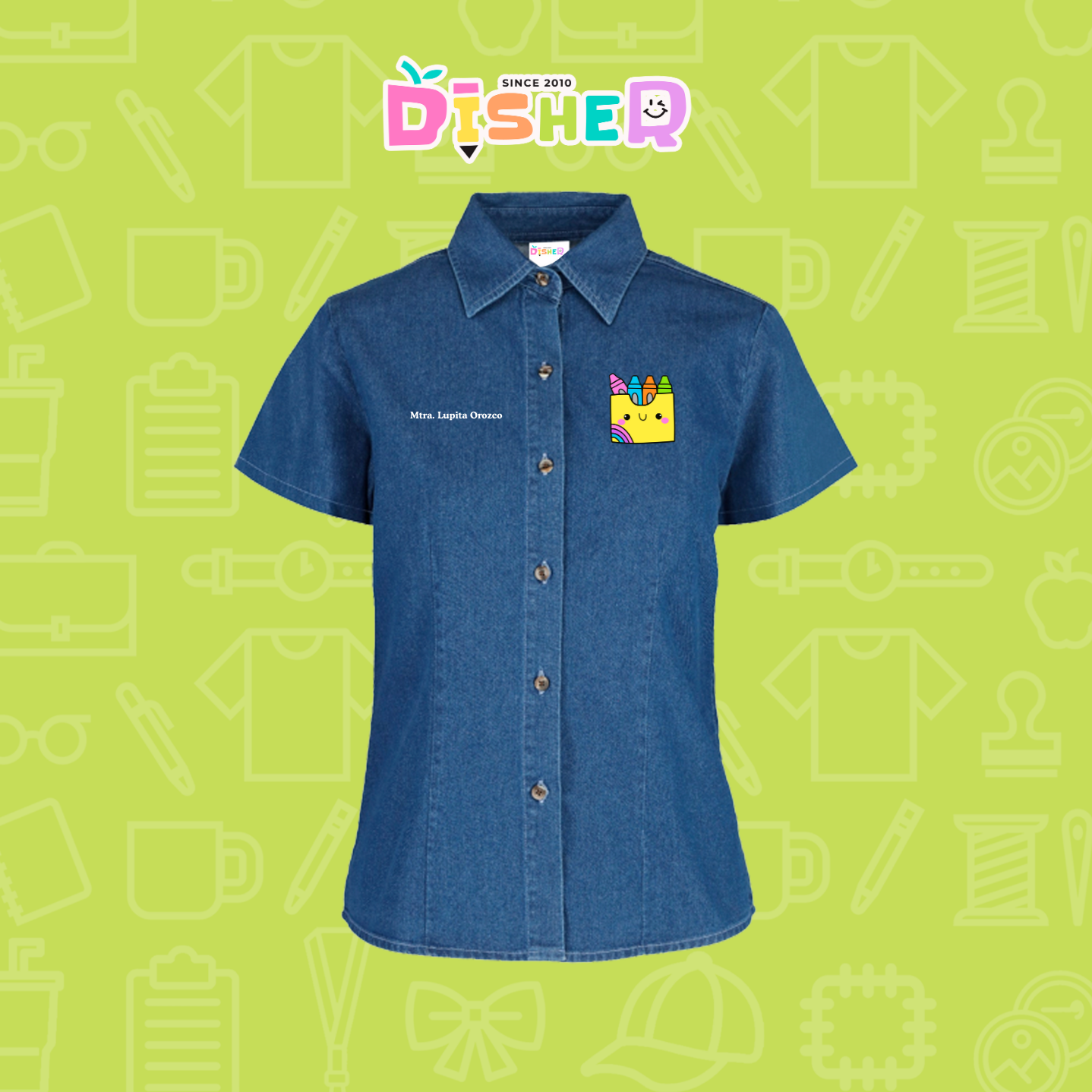 CBMC-D-016 : Camisa Bordada Mezclilla Manga Corta Dama I Cajitas crayolas