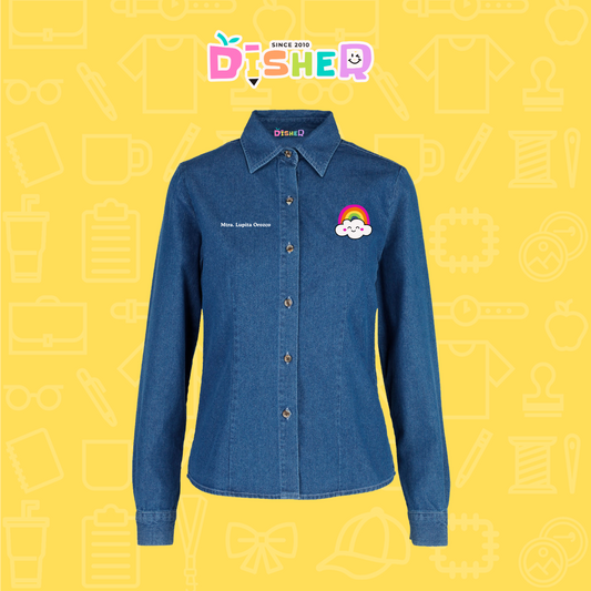 CBML-D-017: Camisa Bordada Mezclilla Manga Larga Dama I Nube arcoiris
