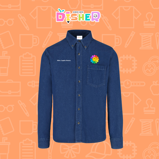 CBML-C-018: Camisa Bordada Mezclilla Manga Larga Caballero I Flor de colores