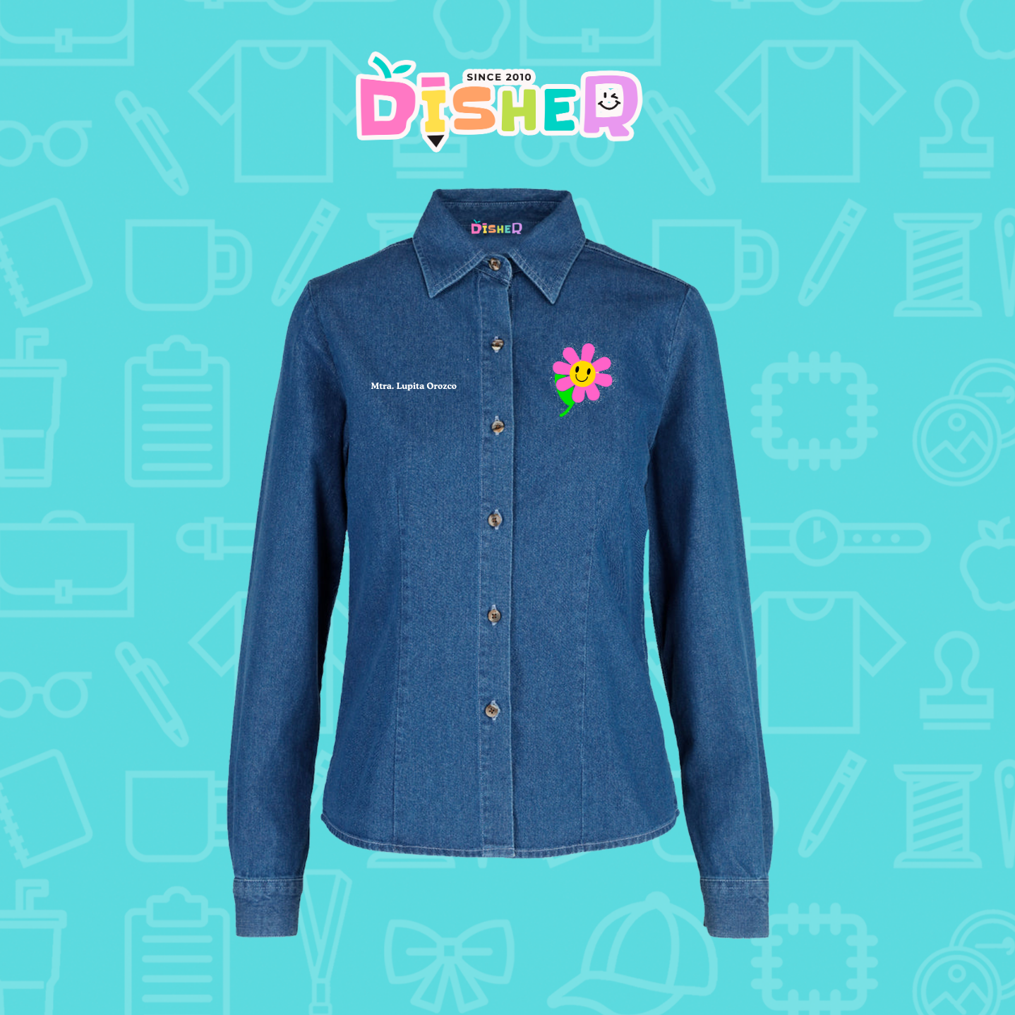 CBML-D-020: Camisa Bordada Mezclilla Manga Larga Dama I Flor rosita