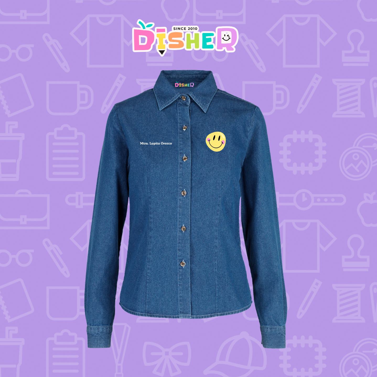 CBML-D-021: Camisa Bordada Mezclilla Manga Larga Dama I Happy face