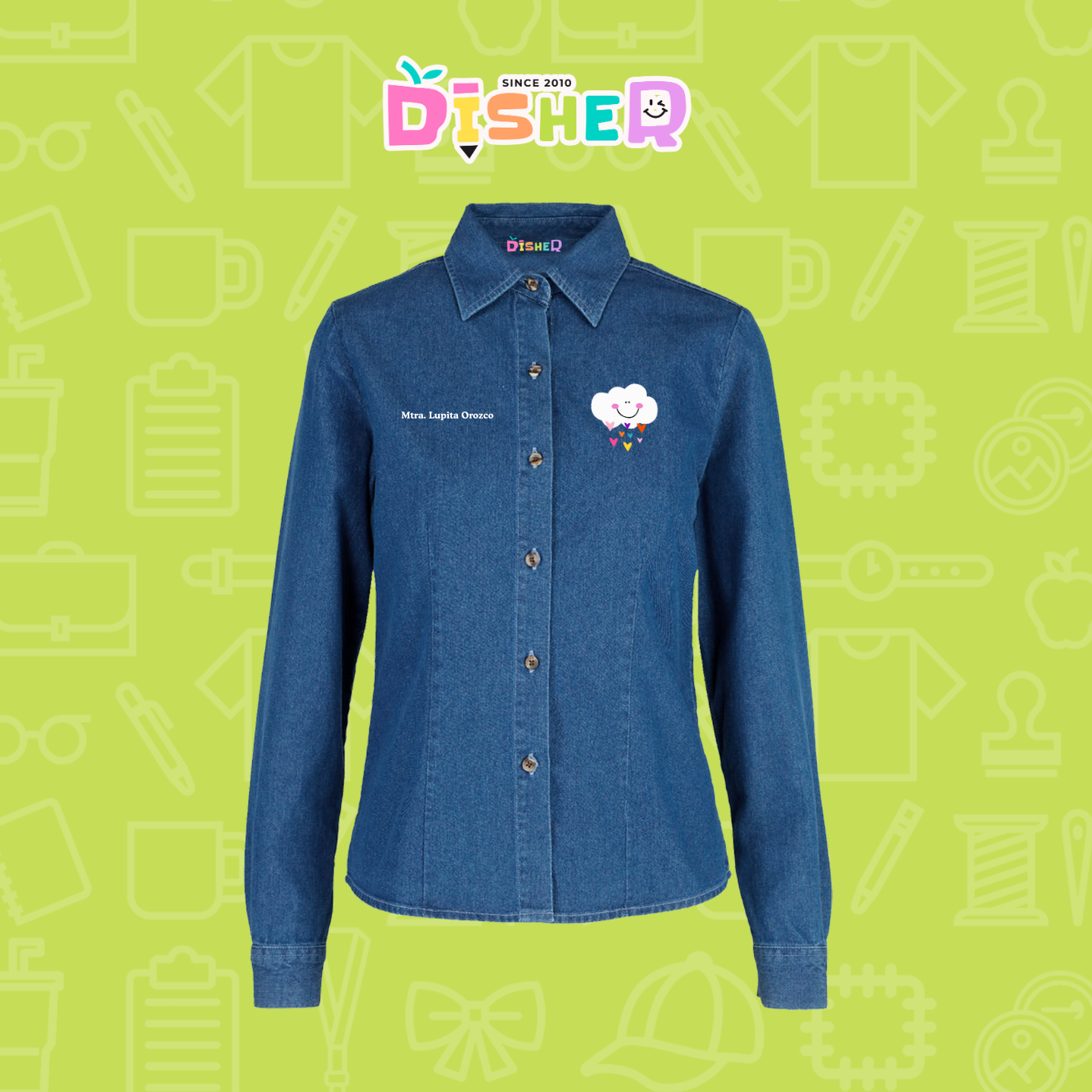 CBML-D-022: Camisa Bordada Mezclilla Manga Larga Dama I Nube corazones