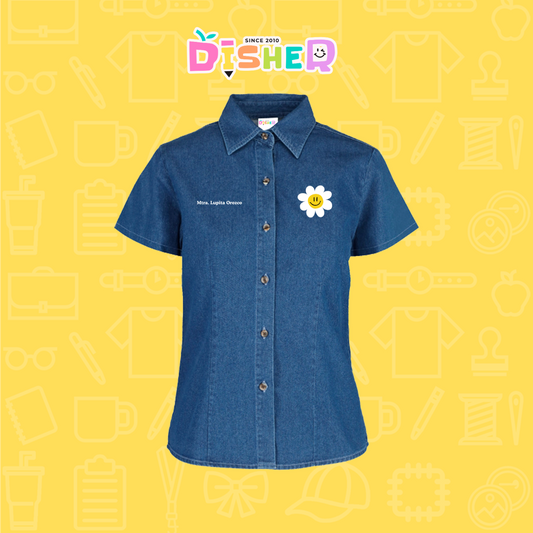 CBMC-D-023 : Camisa Bordada Mezclilla Manga Corta Dama I Flor blanca