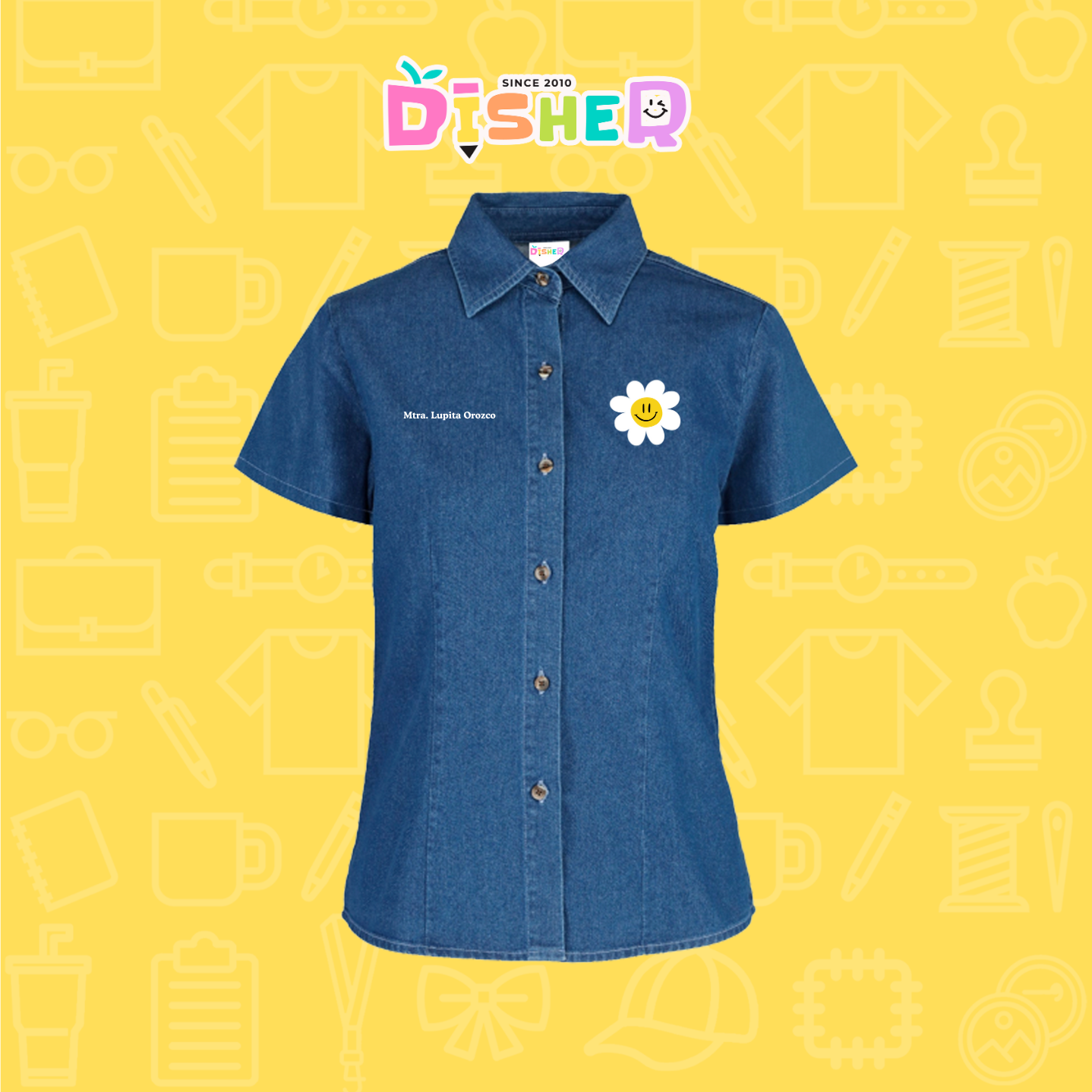 CBMC-D-023 : Camisa Bordada Mezclilla Manga Corta Dama I Flor blanca