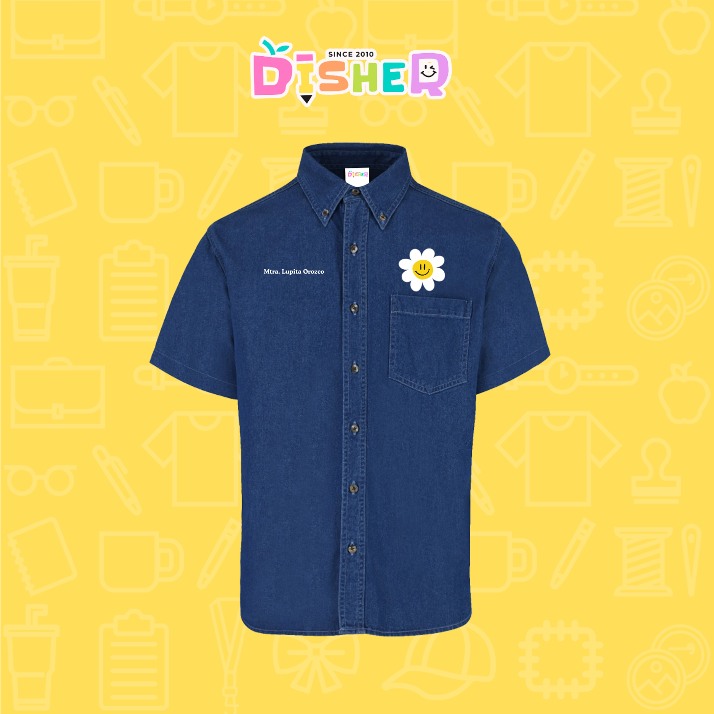 CBMC-C-023: Camisa Bordada Mezclilla Manga Corta Caballero I Flor blanca