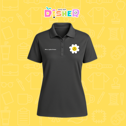 PBD-D-023: Polo Bordada Dry Fit Dama I Flor blanca