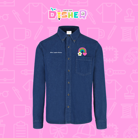 CBML-C-025: Camisa Bordada Mezclilla Manga Larga Caballero I Arcoiris corazón