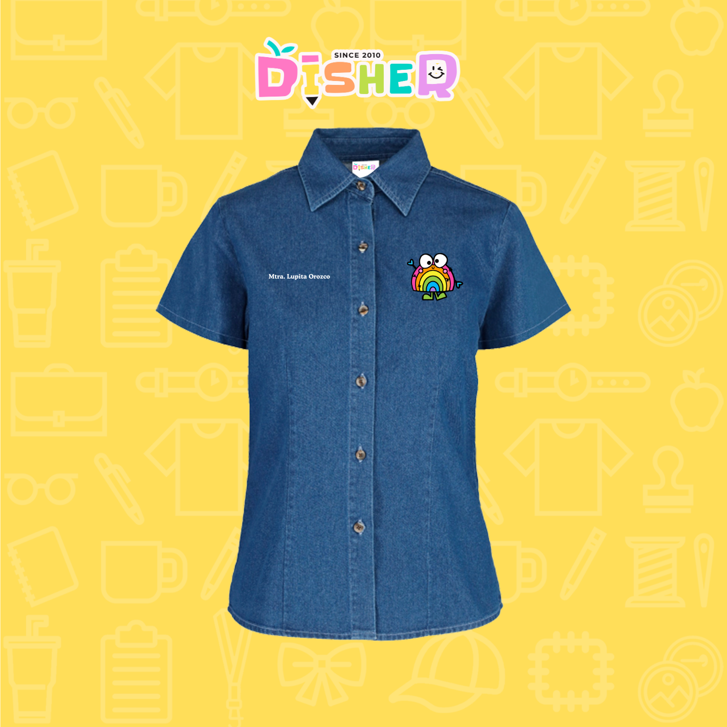 CBMC-D-029 : Camisa Bordada Mezclilla Manga Corta Dama I Arcoiris manitas