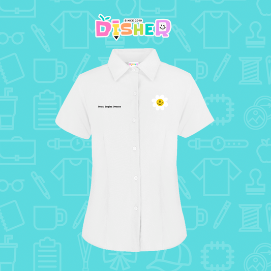 CBOC-D-023: Camisa Bordada Oxford Manga Corta Dama I Flor blanca