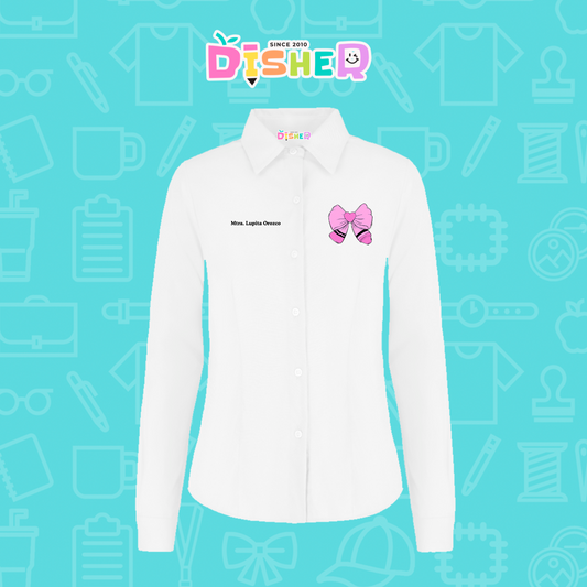CBGL-D-009: Camisa Bordada Gabardina Manga corta Dama I Moño rosa crayón