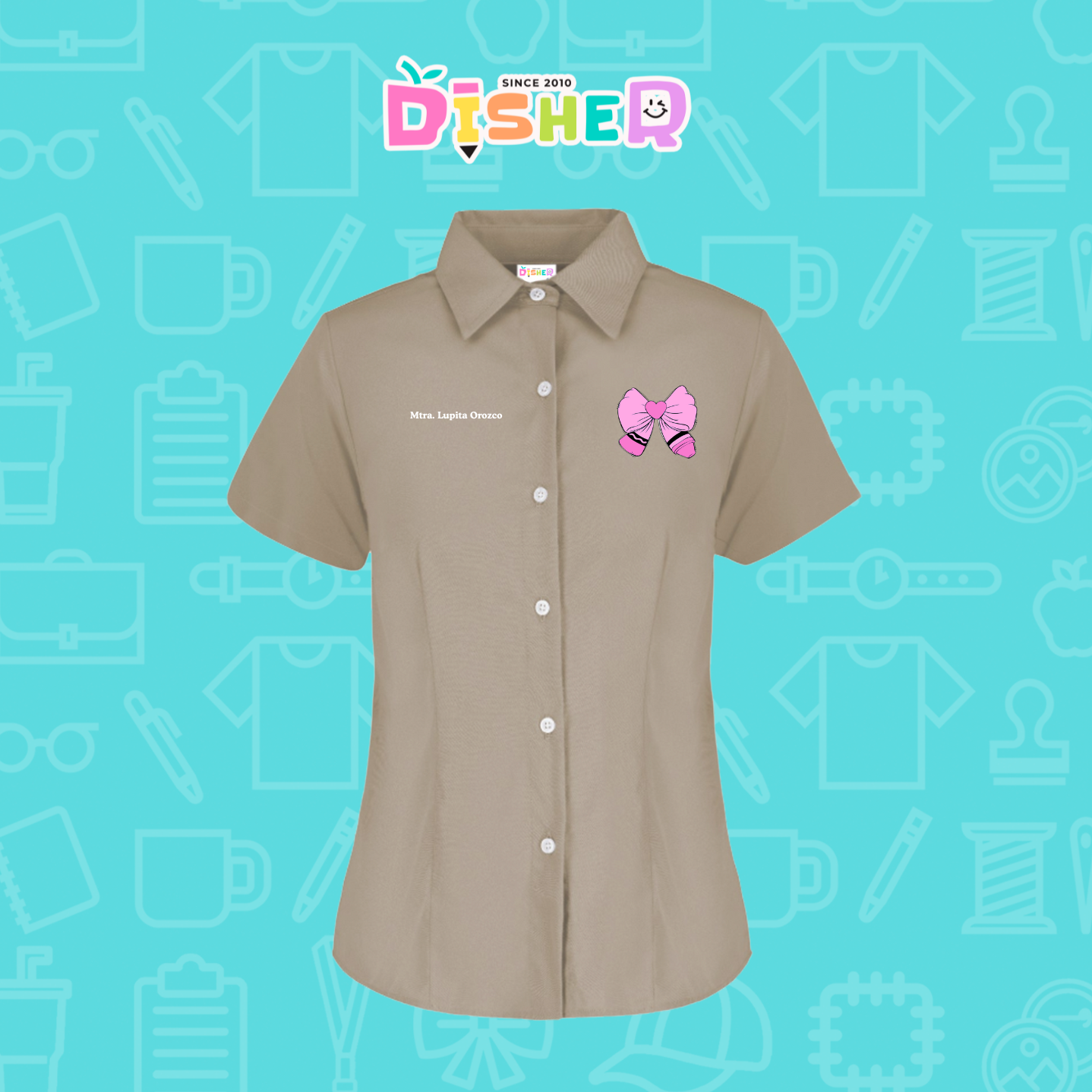 CBGC-D-009: Camisa Bordada Gabardina Manga Corta Dama I Moño rosa crayón