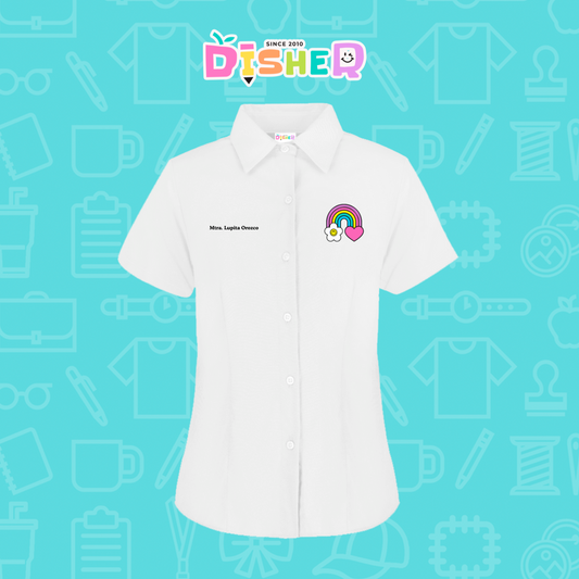 CBOC-D-025: Camisa Bordada Oxford Manga Corta Dama I Arcoíris corazón