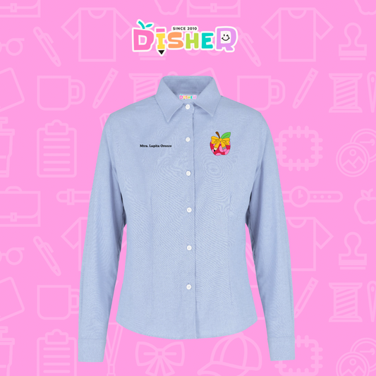 CBOL-D-012: Camisa Bordada Oxford Manga Corta Dama I Manzana moño