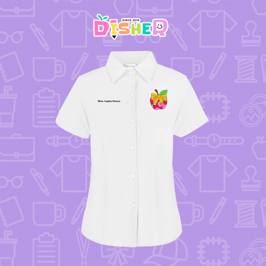 CBGC-D-012: Camisa Bordada Gabardina Manga Corta Dama I Manzana moño