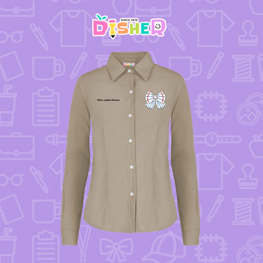 CBGL-D-010: Camisa Bordada Gabardina Manga corta Dama I Moño rayas papel