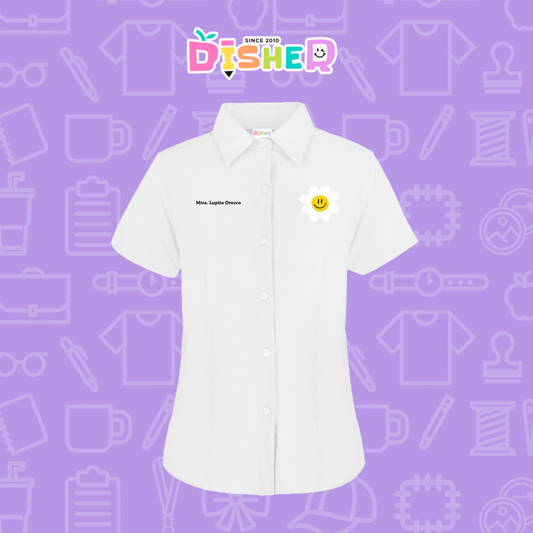CBGC-D-023: Camisa Bordada Gabardina Manga Corta Dama I Flor blanca