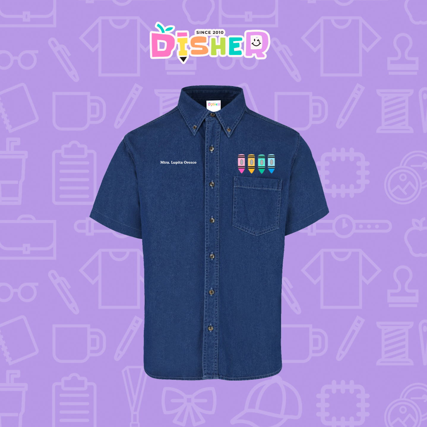 CBMC-C-045: Camisa Bordada Mezclilla Manga Corta Caballero I Crayolas pastel