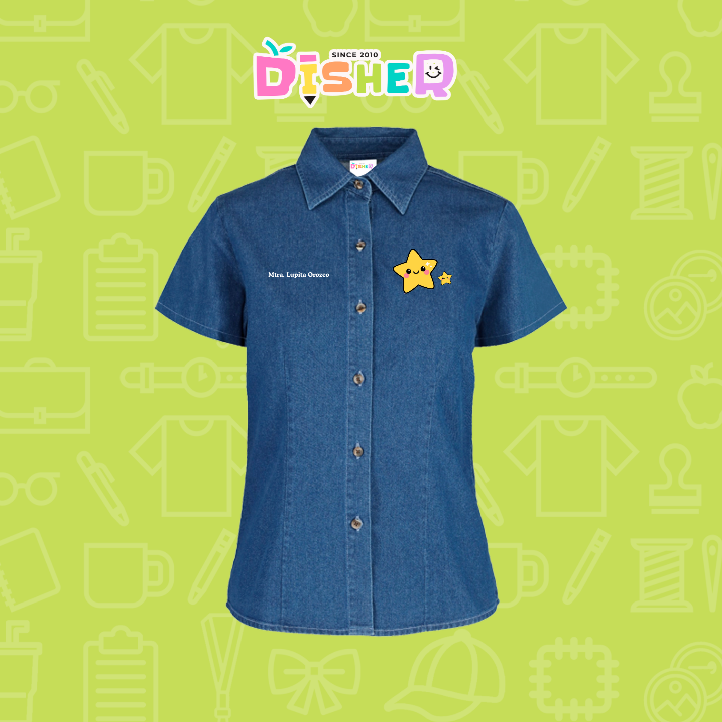 CBMC-D-046: Camisa Bordada Mezclilla Manga Corta Dama I Estrellitas