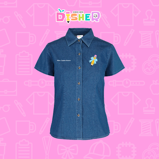 CBMC-D-049: Camisa Bordada Mezclilla Manga Corta Dama I Lápiz moño