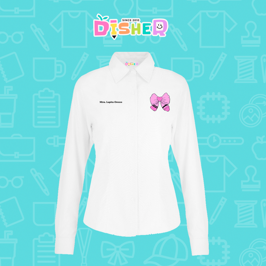 CBOL-D-009: Camisa Bordada Oxford Manga Corta Dama I Moño rosa crayón