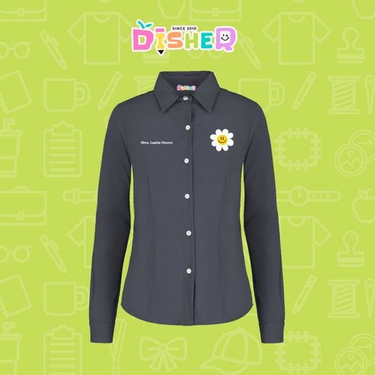 CBGL-D-023: Camisa Bordada Gabardina Manga corta Dama I Flor blanca