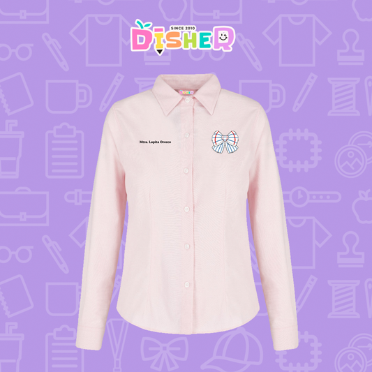 CBOL-D-010: Camisa Bordada Oxford Manga Corta Dama I Moño rayas papel