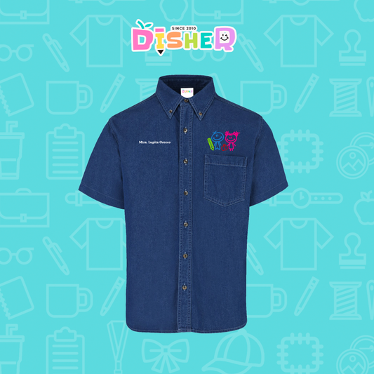 CBMC-C-062: Camisa Bordada Mezclilla Manga Corta Caballero I Niños trazos