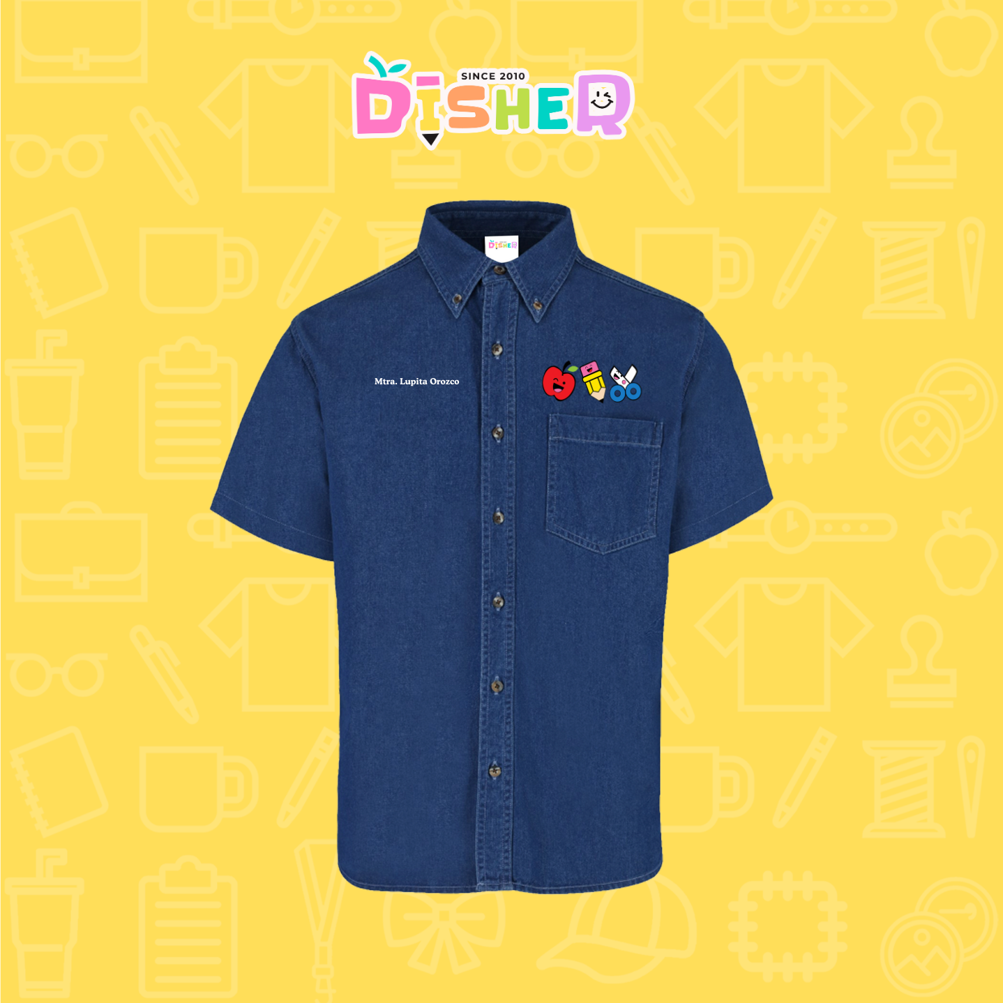 CBMC-C-065: Camisa Bordada Mezclilla Manga Corta Caballero I Soy Maestro útiles