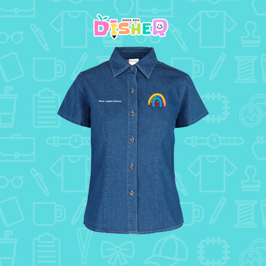 CBMC-D-068: Camisa Bordada Mezclilla Manga Corta Dama I Arcoiris lápiz