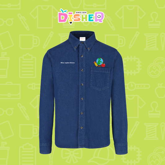 CBML-C-070: Camisa Bordada Mezclilla Manga Larga Caballero I Globo terráqueo