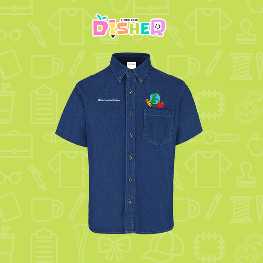 CBMC-C-070: Camisa Bordada Mezclilla Manga Corta Caballero I Globo terráqueo