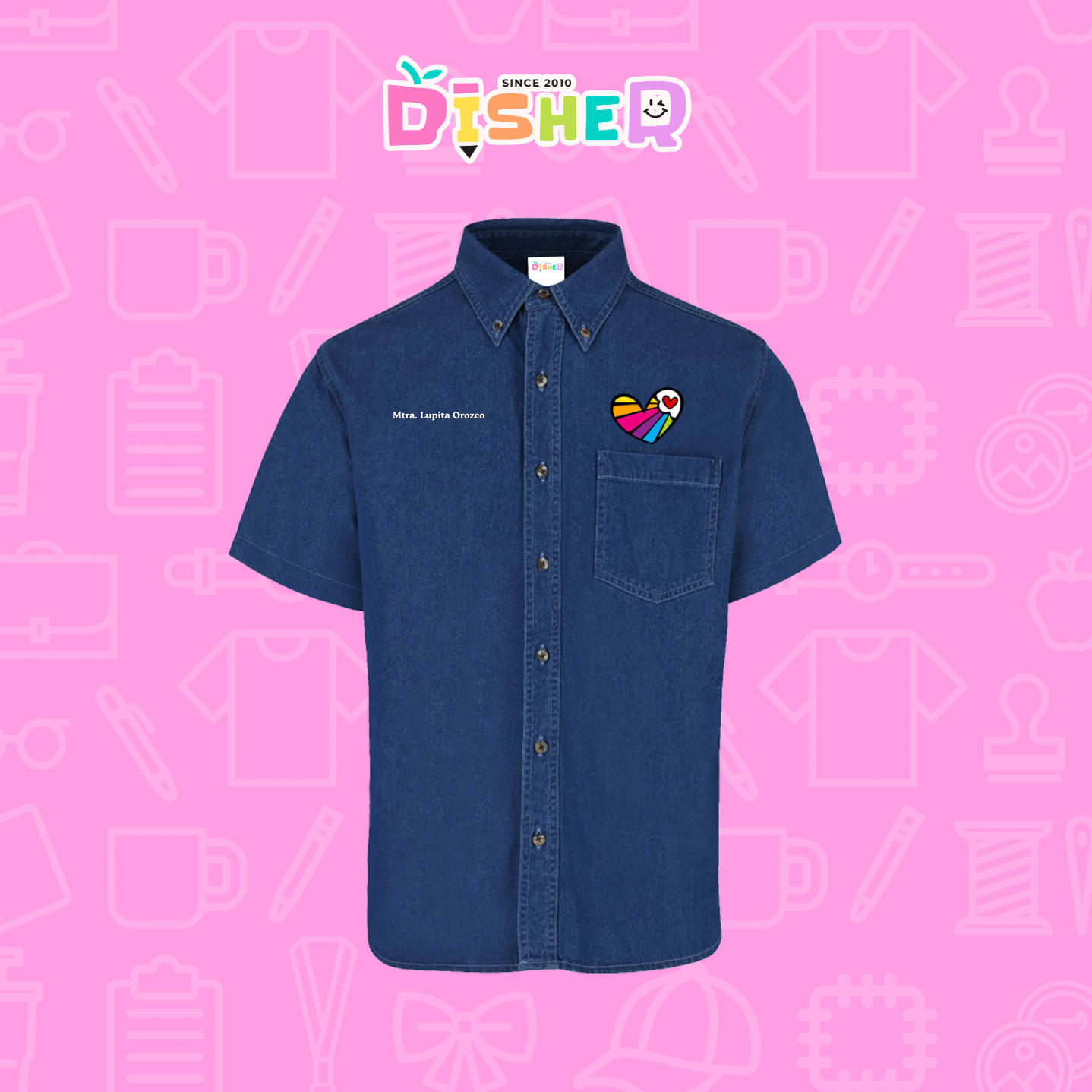 CBMC-C-073: Camisa Bordada Mezclilla Manga Corta Caballero I Corazón líneas