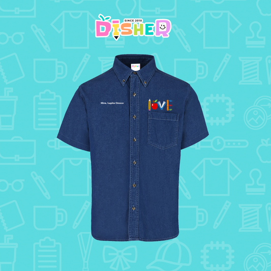 CBMC-C-074: Camisa Bordada Mezclilla Manga Corta Caballero I Love libro