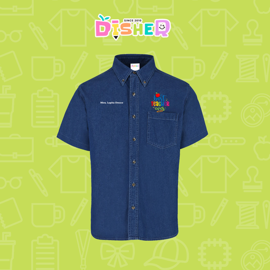 CBMC-C-076: Camisa Bordada Mezclilla Manga Corta Caballero I Best teacher ever