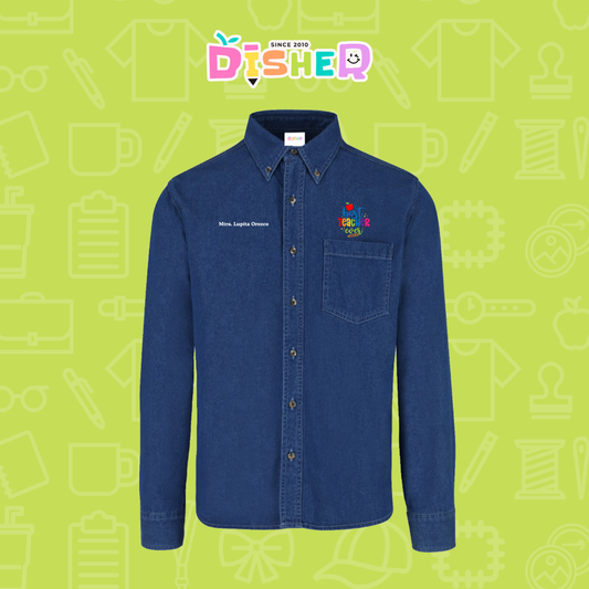CBML-C-076: Camisa Bordada Mezclilla Manga Larga Caballero I Best teacher ever