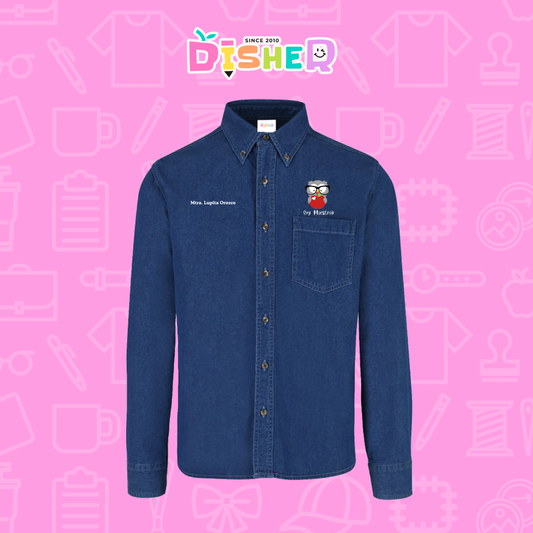 CBML-C-079: Camisa Bordada Mezclilla Manga Larga Caballero I Búho gris manzana