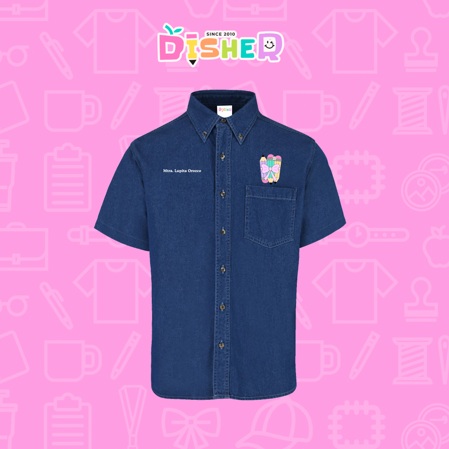 CBMC-C-007: Camisa Bordada Mezclilla Manga Corta Caballero I Lápices moñito