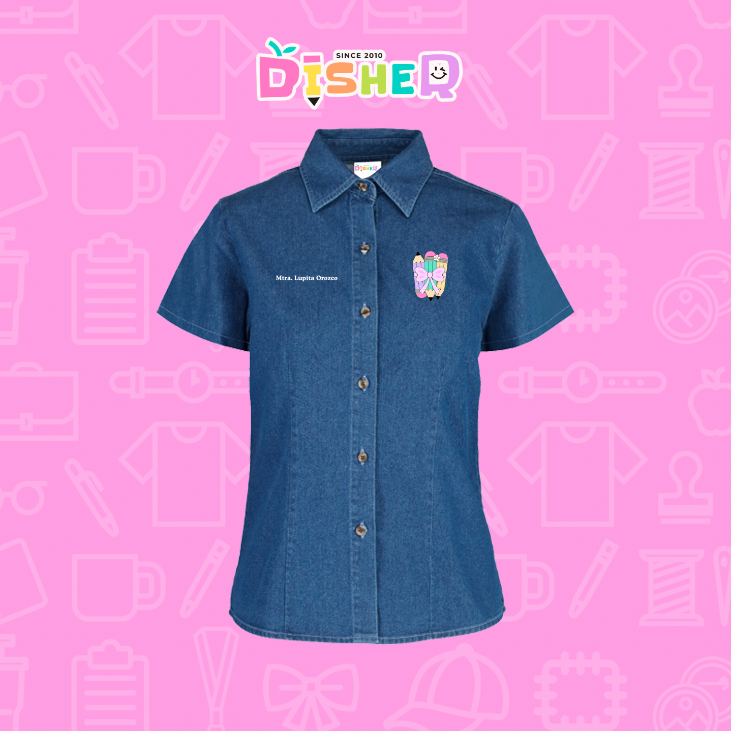 CBMC-D-007 : Camisa Bordada Mezclilla Manga Corta Dama I Lápices moñitos