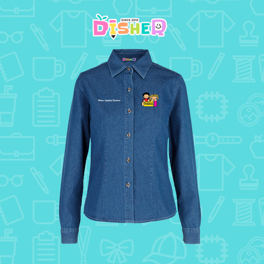 CBML-D-080: Camisa Bordada Mezclilla Manga Larga Dama I Niños primaria