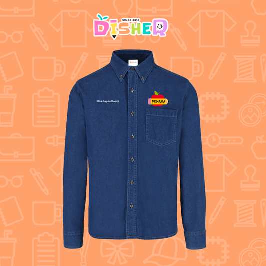 CBML-C-084: Camisa Bordada Mezclilla Manga Larga Caballero I Manzana preescolar