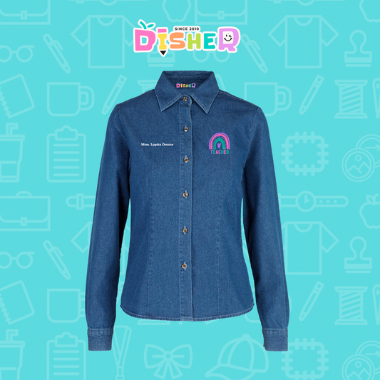 CBML-D-086: Camisa Bordada Mezclilla Manga Larga Dama I Teacher rainbow