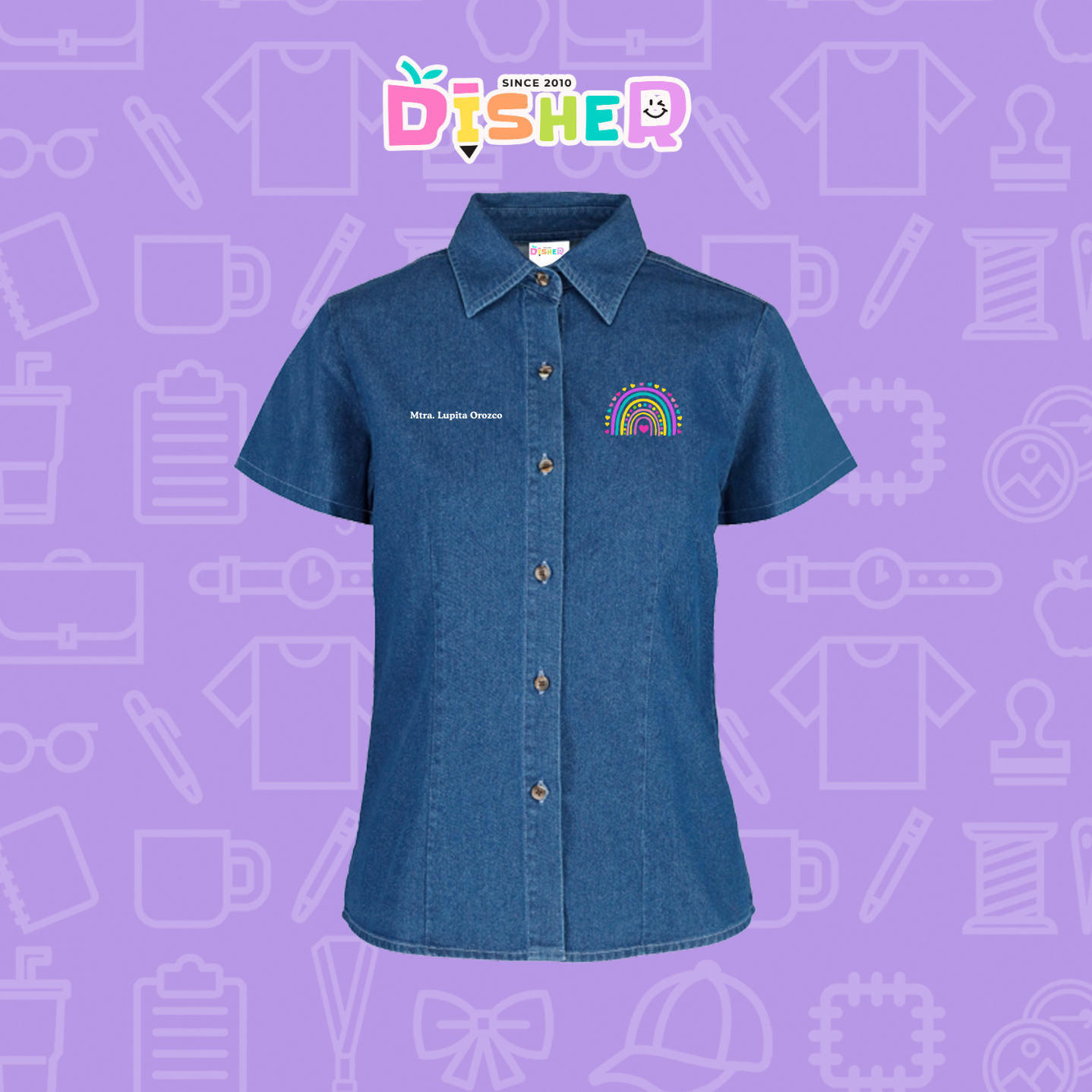 CBMC-D-087: Camisa Bordada Mezclilla Manga Corta Dama I Arcoiris corazones