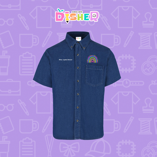 CBMC-C-087: Camisa Bordada Mezclilla Manga Corta Caballero I Arcoiris corazones